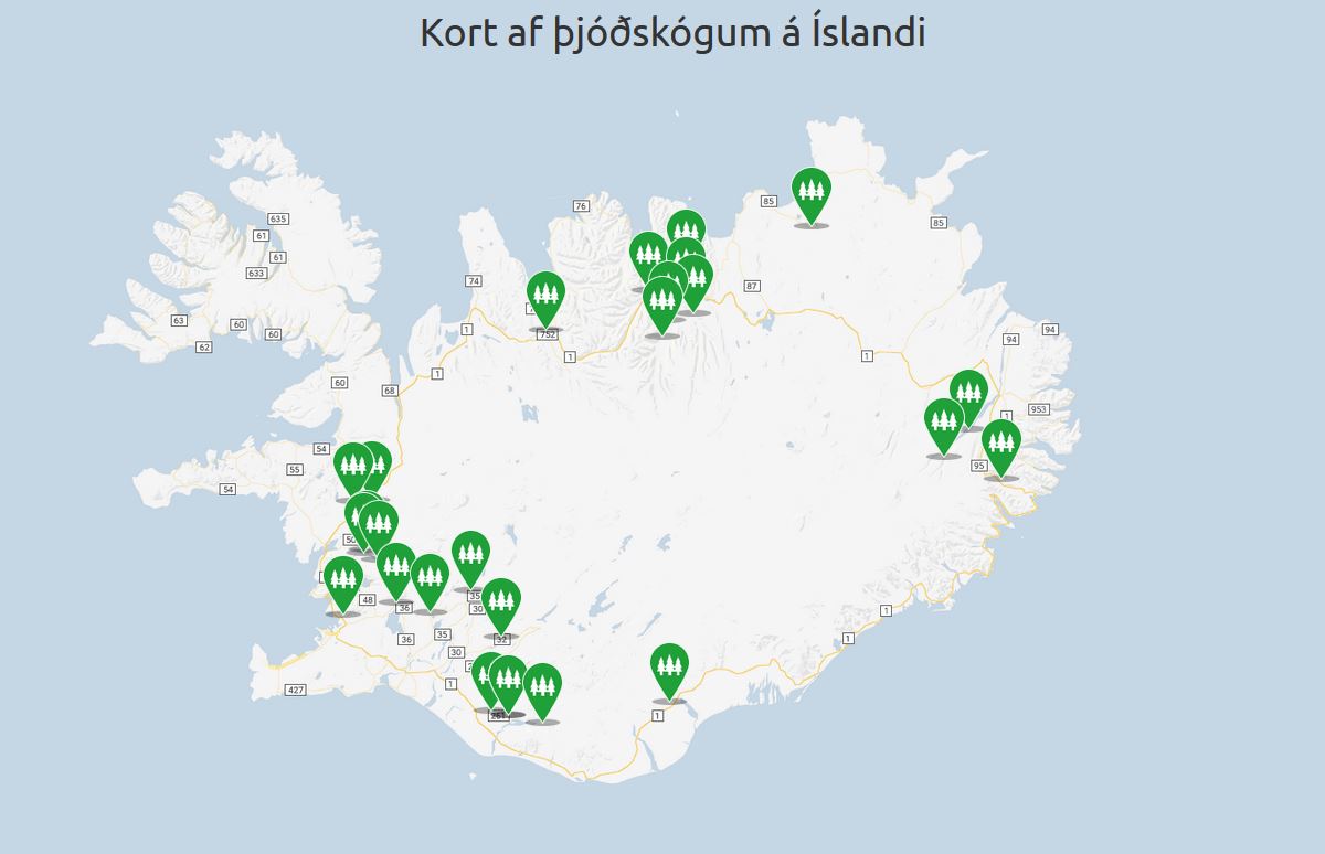 Íslandskort sem sýnir helstu þjóðskóga landsins