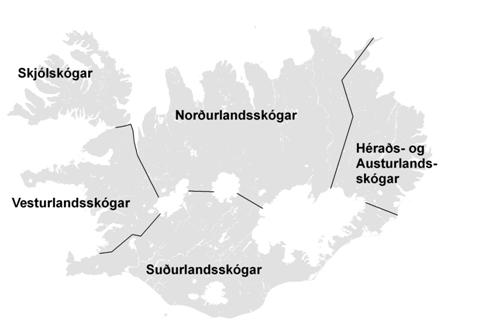 Skipting landsins eftir verkefnum um skógrækt á lögbýlum fram til 2016